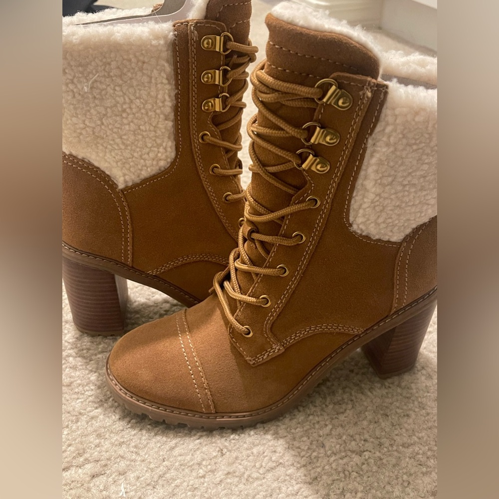 NINE WEST - Phaedra - Lace-Up Suede Block High Heel Combat Boots - Natural Brown